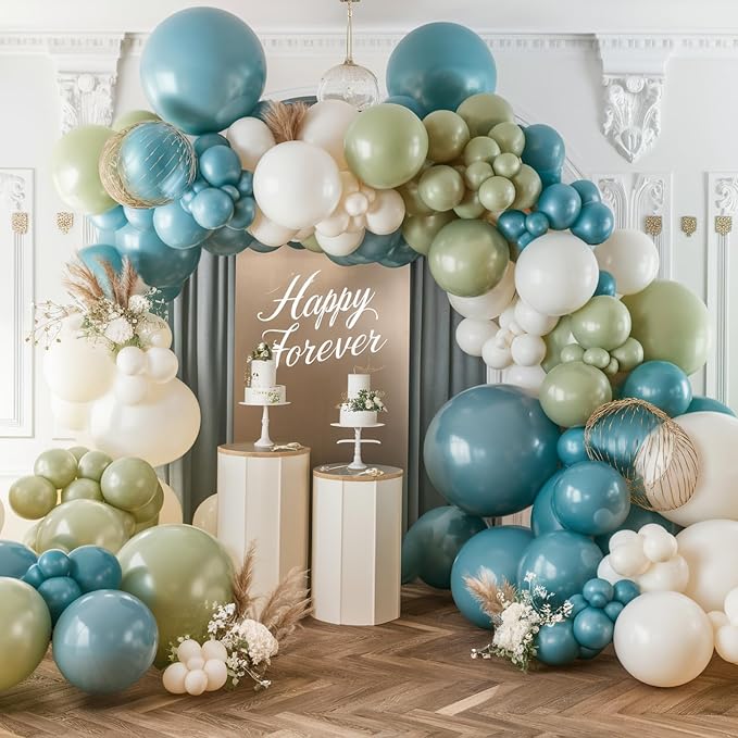 Blue and Green Balloon Arch Kit, 108 Pcs Dusty Balloon Garland With Retro Sea Sage Sand White Metallic Gold Balloons for Boho Wedding Baby Shower Birthday Party Decorations