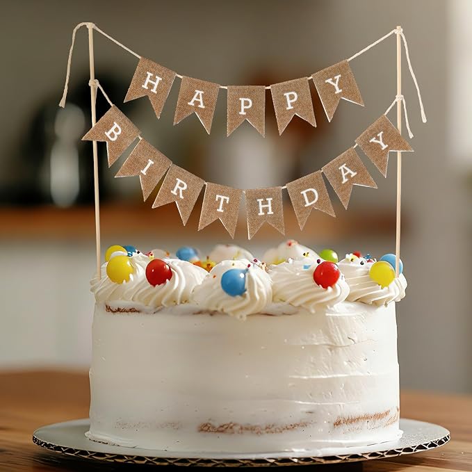 Tegeme Happy Birthday Cake Topper Burlap Cake Bunting Topper with Wood Pole Handmade Pennant Flags for Birthday, Bridal Party Decoration