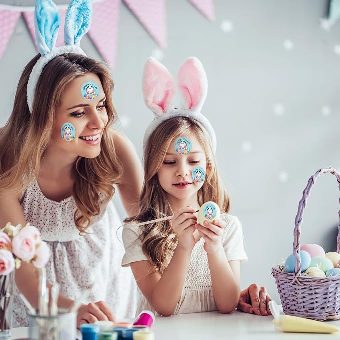 Louise Maelys 500 Pcs Easter Stickers Roll, 1.5 Inch Cute Egg Bunny Rabbit Holiday Lable, Happy Easter Adhesive Decoration Round Labels for Baking Card Gift Wrapping Envelope Craft Making