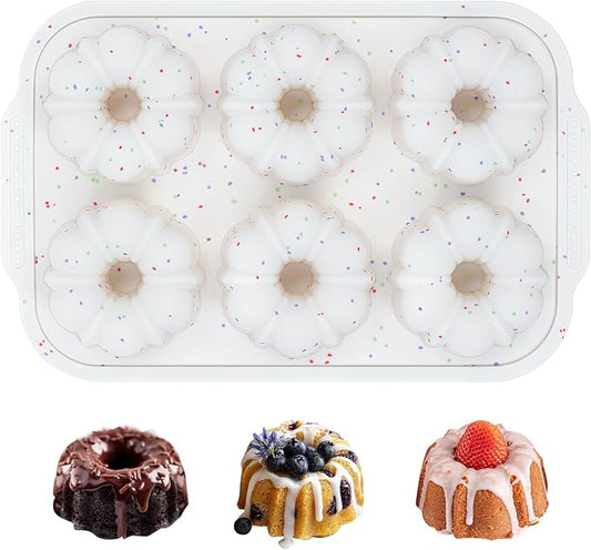 FUNBAKY 3 Inch Mini Fluted Tube Cake Pans for Baking with Metal Reinforced Frame, 2Pcs Silicone 6-Cavity Mini Flan Molds, Nonstick Baking Mold for Cupcake, Brownie, Donuts, Cornbread, Jello