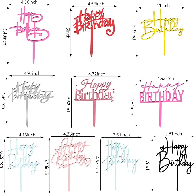 10 PCS Happy Birthday Cake Topper Set Glitter Cake Decorations in 8 Colors Black Silver Gold Rose Gold Pink Rose Red Blue Red Ideal Party Supplies for Adults Any Occasion 10 Styles