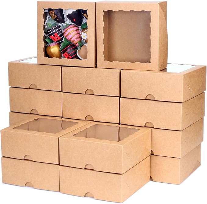 30pcs Cookie Boxes with Window, 6x6x2.5in Brown Bakery Boxes for Treats, Small Cake, Desserts, Donuts, Pastry