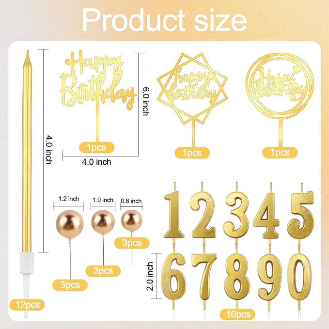 Gold Ball Cake Topper 34Pcs Happy Birthday Cake Toppers Birthday Candles DIY Cake Decorations with Numbers 0-9 for Men Women Wedding Anniversary