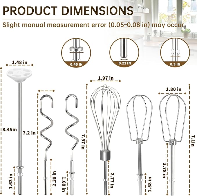 Hand Mixer Beaters Attachments for KitchenAid KHM Series, Stainless Steel Turbo Beater, Pro Whisk, Dough Hooks & Blending Rod Replacement Parts Compatible with KHM512 KHM926 KHM7210 KHM6118 (C (6PC))
