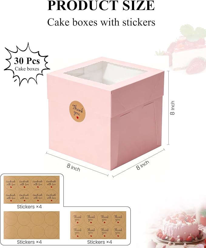 COTOPHER 30Pcs 8x8x8 Inches Cake Boxes, Square Bakery Boxes with Window, Cajas Pasteles for Valentine's Day, Mother's Day,Wedding, Birthday, Party Cake Decorating Supplies for Gift Giving
