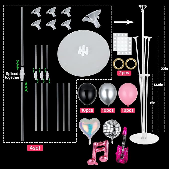 4 Sets Music Party Balloons Stand Kit with Music Note Guitar Disco Ball Colorful Heart Foil Balloons Concert Party Balloon Centerpiece for Tables for Indoor Outdoor Birthday Kpop Decorations