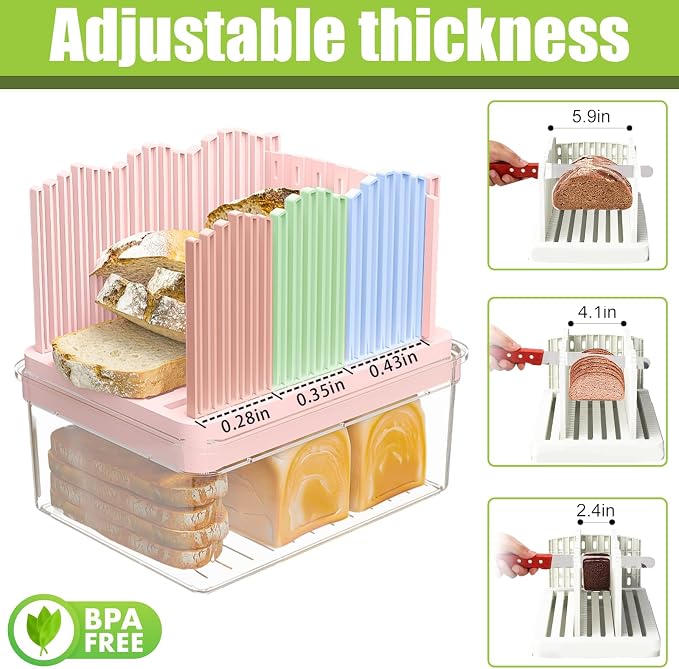 Sorgion 2-in-1 bread slicer and storage box with handle - plastic bread boxes for fresh keeping food storage containers with lids airtight for cake buns,Pink