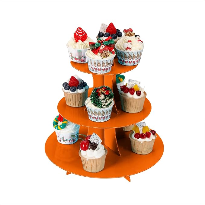YLDW Cupcake Stand 2Pcs, 3-Tier Cupcake Stand Display, Cardboard Cup Cake Tower Stand, Disposable Dessert Stand for Birthday Tea Party Baby Shower Treat Decorations, Orange