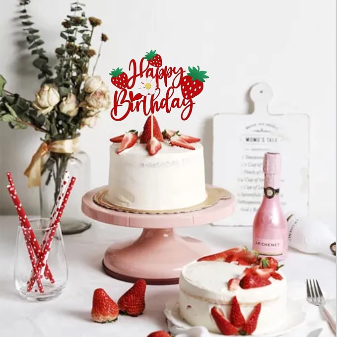 1 PCS Strawberry Happy Birthday Cake Topper with Glitter Flower Fruit Theme Birthday Berrry Cake Pick Decorations for Strawberry Theme Baby Shower Kids Birthday Party Cake Decorations Supplies