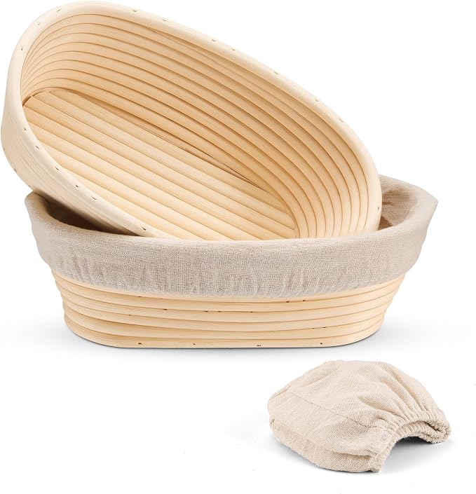 E-far Bread Proofing Basket Set of 2, 10 Inch Oval Dough Bowls for Rising, Sourdough Bread Baking Supplies with Liners for Home and Professional Baking