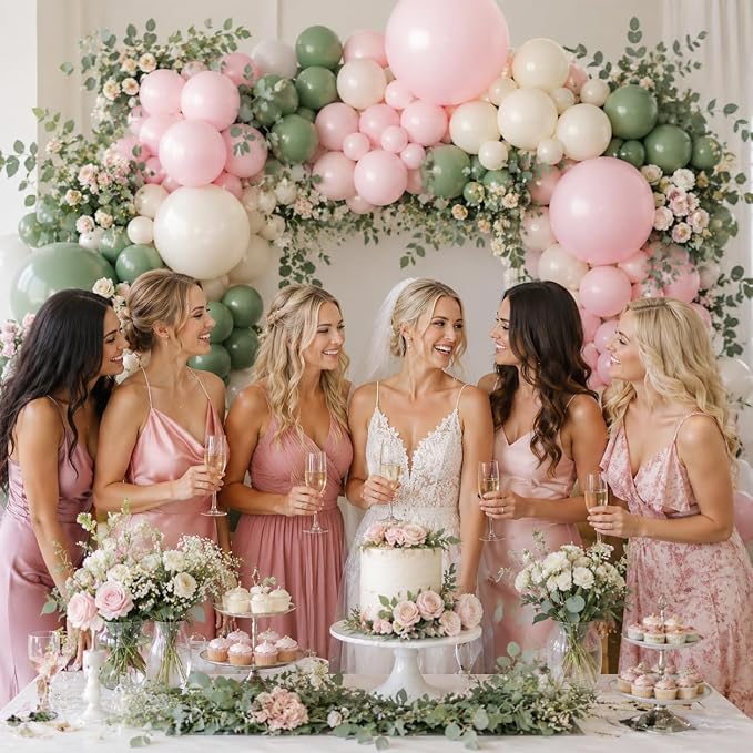 Dusty Pink and Green Balloon Arch Kit, 122Pcs Sage Green Macaron Dusty Pink Ivory White Matte Balloons for Girls Flower Birthday Bridal Wedding Engagement Floral Baby Shower Party Decorations