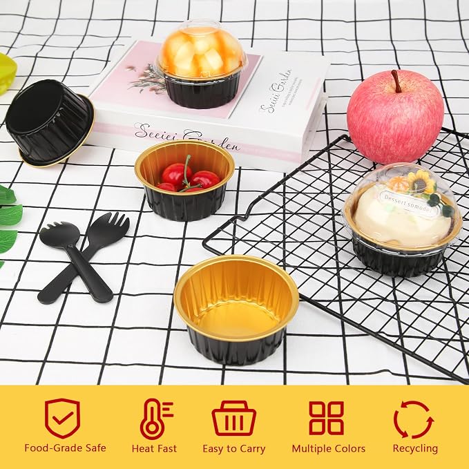 5oz Foil Ramekins with Lids 50 Pack,Free-Air Aluminum Foil Cupcake Liners Muffin Cups,Disposable Muffin Tins Jumbo Cupcake Baking Cups Muffin Pans for Custard Creme Brulee,with 50 Spoons-Black