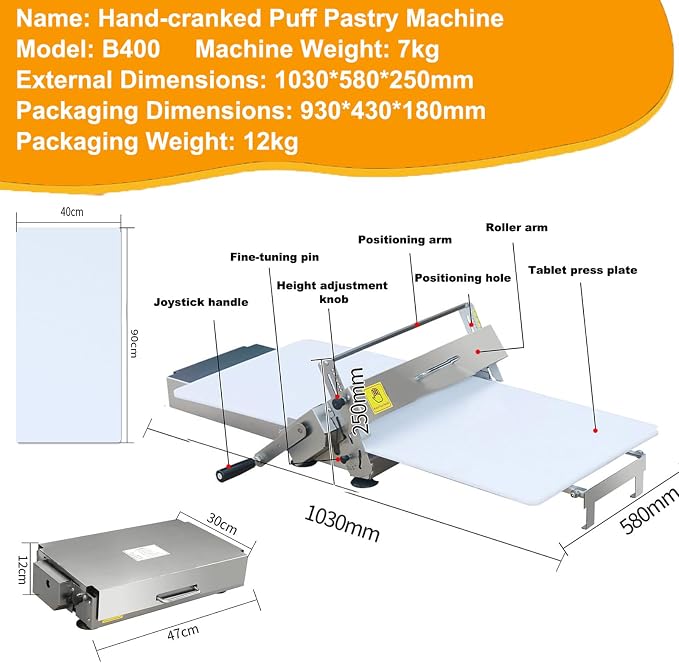 Folding Dough Sheeter, Compact Dough Sheeter, Manual Dough Roller Machine,Sheeter Thickness Adjustable 0.2-25mm,Stainless Steel Dough Machine, for Bread Marzipan and Puff Pastry B400