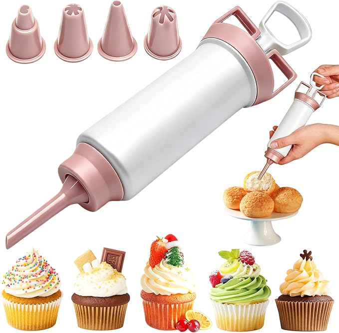 Suuker Cake Decorating Gun, Cupcake Icing Piping Kit, Cake Decorating Kit with 5 Piping Tips, Cupcake Injector/Decorating Icing Set, Pink