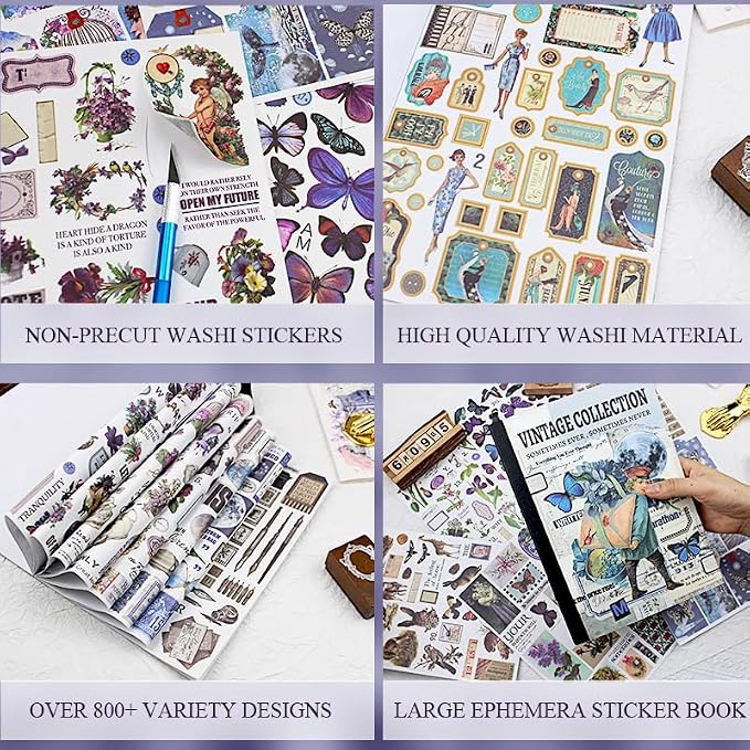 Vintage Washi Sticker Book Ephemera for Junk Journals,800+ Journaling Stickers for Scrapbooking Supplies, Collage, DIY Crafts Arts Decorative 24 Sheets