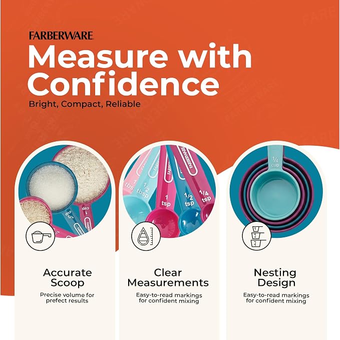 Farberware Kitchen Basics Measuring Cup & Spoon Set, 9-Piece Colorful Nesting Design with Easy-to-Read Markings - Stackable Cooking & Baking Tools with Ring Organizer, Dishwasher Safe Plastic