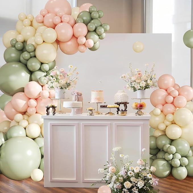 Pink and Green Balloon Arch Kit 124Pcs Sage Green Peach Ivory White Balloons Different Size for Baby Shower Wedding Bridal Shower Birthday Gender Reveal Party Decorations