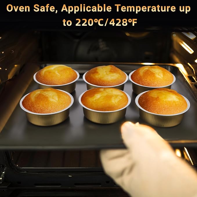 Beasea Aluminum Ramekins With Lids, 100 Pack 8.8oz 260ml 4 Inch Disposable Foil Aluminum Baking Cups Round Oven Baking Mini Cupcake Cups for Party - Golden