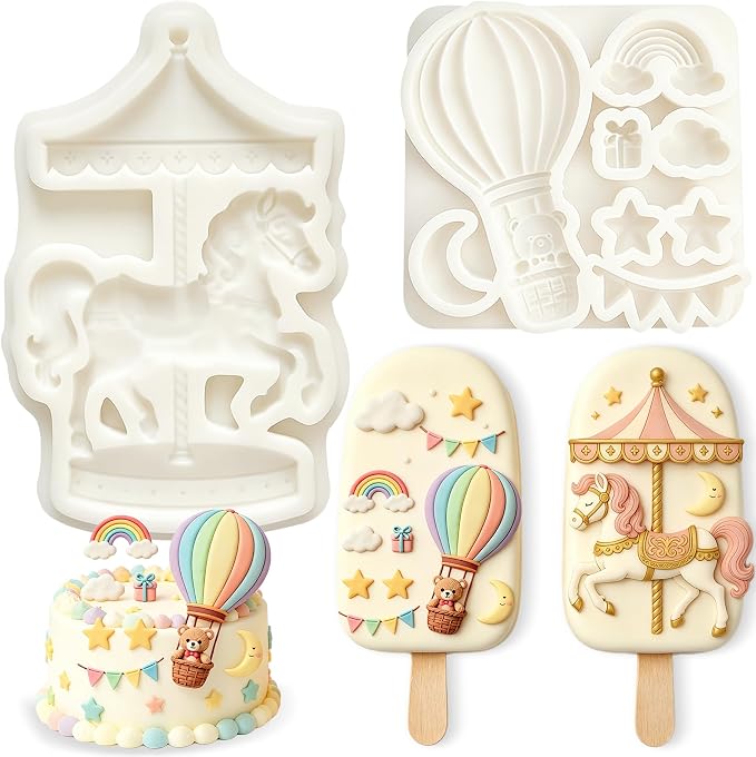 2Pcs Carousel & Hot Air Balloon Fondant Molds 3D Bear Rainbow Silicone Candy Molds for Cake Decorating, Cupcake Toppers, Cholocate, Polymer Clay, UV Resin, Flexible Gum Paste Tool