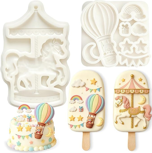 2Pcs Carousel & Hot Air Balloon Fondant Molds 3D Bear Rainbow Silicone Candy Molds for Cake Decorating, Cupcake Toppers, Cholocate, Polymer Clay, UV Resin, Flexible Gum Paste Tool