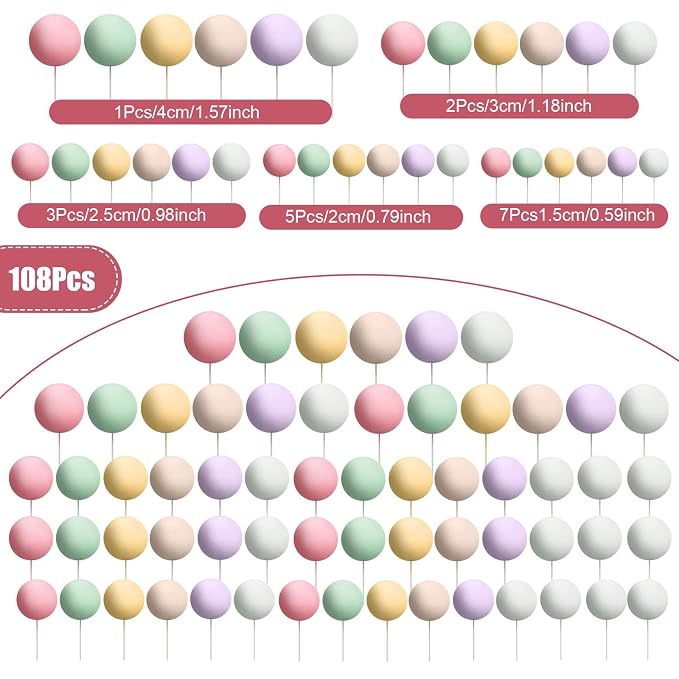108 Pcs Balls Cake Topper DIY Cupcake Insert Foam Balloons for Cake Baking Wedding Anniversary Birthday Decoration(Vivid Colors,Multi Sizes)