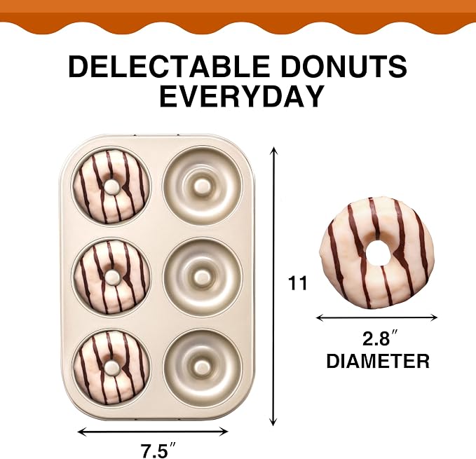 HONGBAKE Donut Pan for Baking, 2-Pack Nonstick Doughnut Pans, 6-Cavity Deep Donut Mold for Fuller Baked Cake Donuts, Heavy-Duty Carbon Steel, Oven Safe to 450°F - Bronze Gold