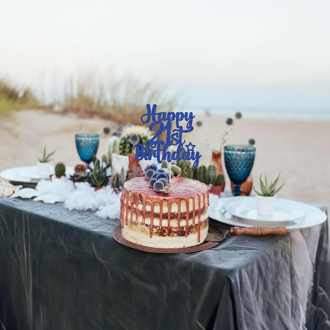Gyufise 1Pc Happy 21st Birthday Cake Topper Glitter 21 & Fabulous Cheers to 21 Years Old Birthday Cake Pick for Celebrating 21st Anniversary Party Cake Decorations Blue