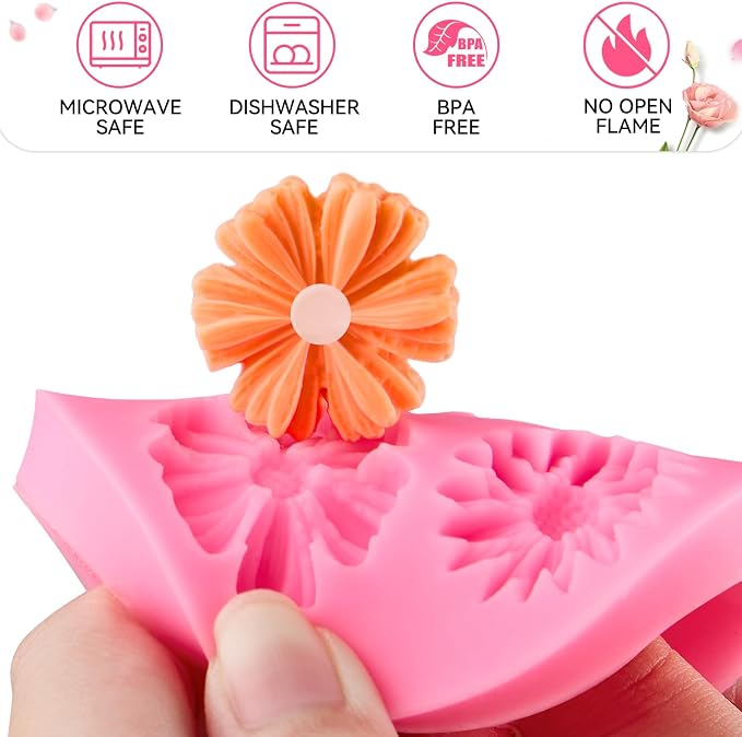 Puyeipt 4 Pcs Flower Silicone Fondant Molds, Daisy Rose Flower Chocolate Candy Molds for Cupcake Topper, Cake Pop Decoration and Clay Craft Making