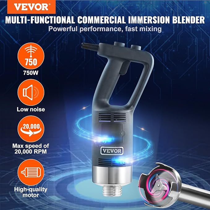 Vevor Commercial Immersion Blender, 750W, 12" Heavy Duty Hand Mixer, Variable Speed, 304 Stainless Steel Blade, Multi-Purpose