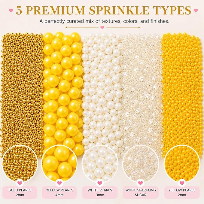 Confect Cake Decorating Sprinkles | Edible Pearl Mix Gold Yellow & White Dragees | White Sparkling Sugar | Edible Pina-Colada Disco Ball Mashup Sprinkles | Dairy-Free, Palm Oil-Free - 5 Oz