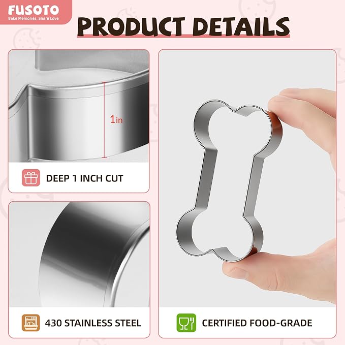 FUSOTO Dog Bone Cookie Cutters Set, Cookie Cutter for Homemade Dog Treat, 4Pcs Stainless Steel Cutters Dog Bone Shape for Cookie Baking, Sandwiches, Biscuits, Fruit, Vegetable