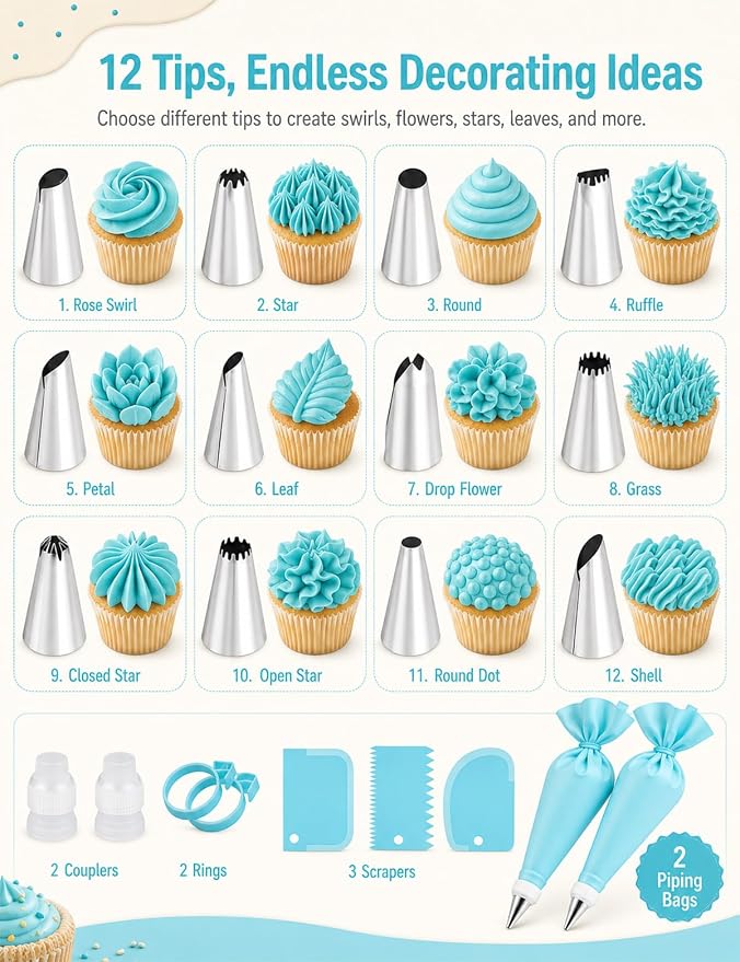 Piping Bags and Tips Set, Reusable Cake Decorating Supplies with 2 Reusable Bags, 12 Icing Tips, 2 Silicone Rings, 2 Couplers and 3 Scrapers, Cake Baking Tools for Cookie Icing Cupcakes