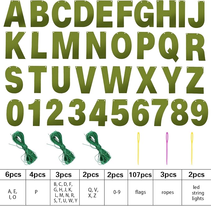 TaoBary 112 Pcs DIY Letter Kit Glitter Customizable Banner Letters Include 107 Letters and Numbers 3 Rope and 2 Needles for Birthday Halloween Christmas Wedding Valentine Party Decor(Bright Green)