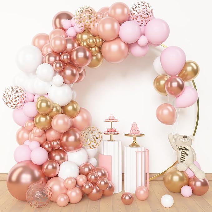 Amandir Rose Gold Balloons Garland Arch Kit, 150pcs Rose Gold Pink White Gold Confetti Latex Balloons for Valentines Day Bridal Wedding Birthday Baby Shower Graduation Bachelorette Party Decorations