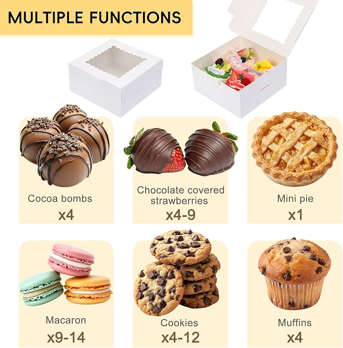 TOMNK 65pcs Cookie Boxes, 6x6x3 Inches Treat Boxes with Window, White Bakery Containers for Small Pie, Chocolate Covered Strawberries, Cupcake and Pastry