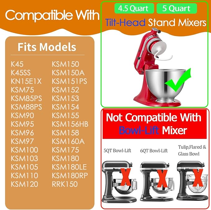 K45DH Coated Dough Hook for KitchenAid Mixer, Attachment for Kitchen Aid K45 K45SS KSM90 KSM150 Tilt-Head Stand Mixers, 4.5/5.0 Quart Bowel
