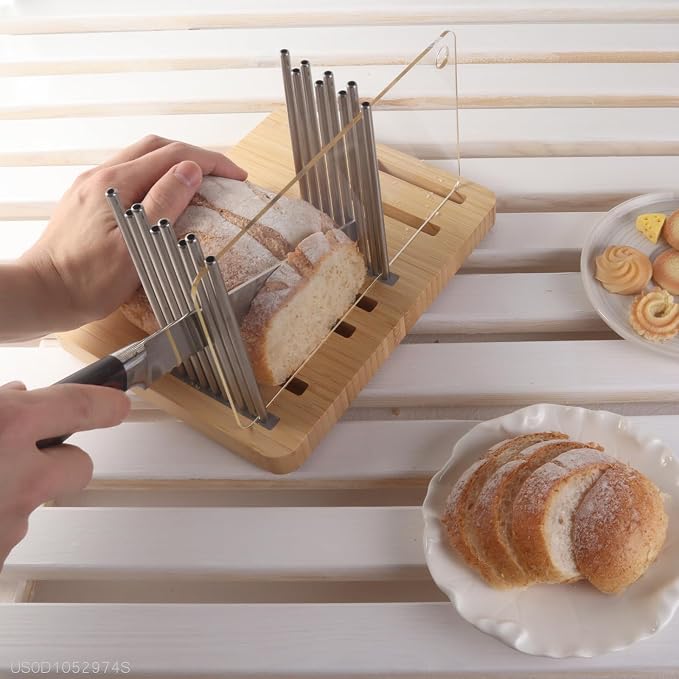 Bamboo Bread Slicer for Homemade Bread,Stainless Steel Slicing Guide for Bread, Adjustable Width, Foldable and Compact Cutting Guide, Bread Slicer for Sourdough Rounds, Bagels, Cake,Toast