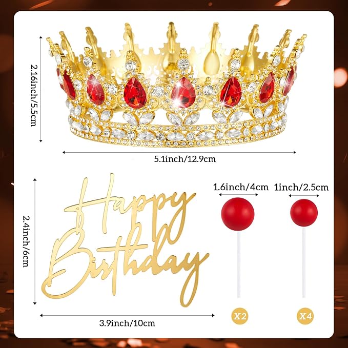 8 Pcs Red and Gold Queen Crown Cake Topper, Happy Birthday Cake Toppers Foam Balls Rhinestone Crystal Tiara Wedding Decoration for Princess Party Photo Props for Women Princess