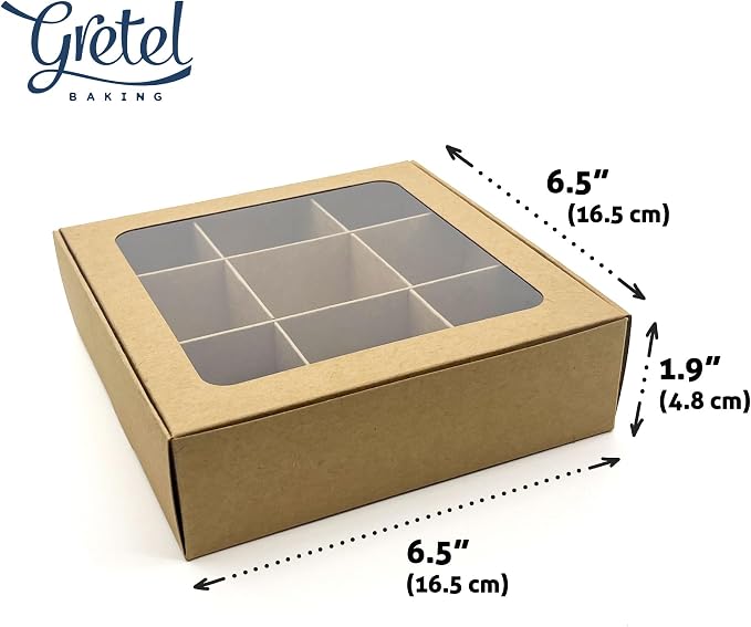 20pcs Kraft Treat Boxes with Window and Dividers | 9 SMALL compartments | 6.5 x 6.5x 1.9 in | Chocolate-covered strawberries supplies, macaron boxes, baked goods packaging