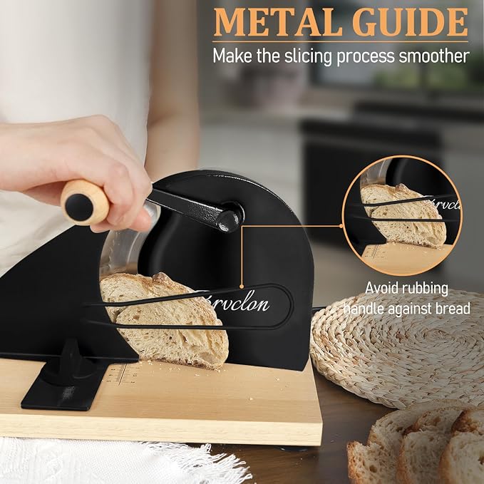 Brvclon Manual Bread Slicer for Homemade Sourdough,Adjustable Thickness,Hand Crank Bread Slicer with Stainless Steel Blade, Aluminum Alloy Frame & Solid Wood Base with Natural Wood Veneer Finish
