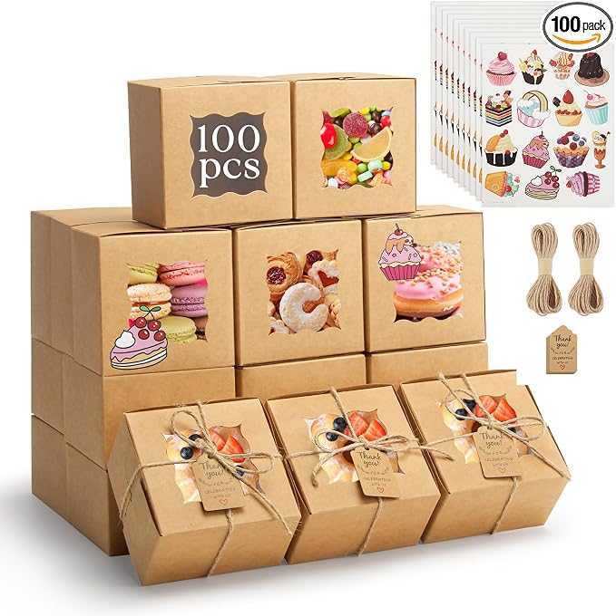 OAMCEG 100pcs Cookie Boxes with Window, 4x4x2.5 Inch Bakery Treat Boxes with Cake-Themed Stickers for Mini Cake, Pastry, Dessert, Chocolate, Strawberries, Party Favors (Brown)