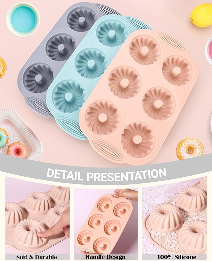 Jello Molds 3pcs Silicone Fluted Tube Cake Pans, 6 Cavity Heritage Silicone Mold for Baking Non Stick Fancy Molds (Pink+Blue+Gray, Fluted Tube)
