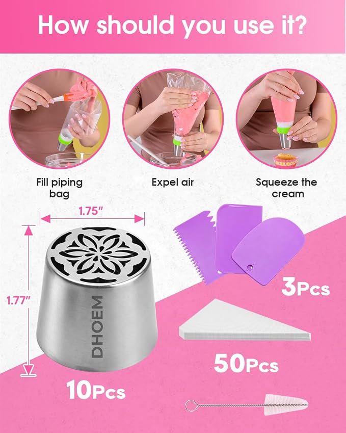 64 Pcs Stainless Steel Russian Piping Tip Set, 10 Flower Nozzles Baking for Flower Decorations: Roses, Tulips, Marshmallow Buttercream Bouquets, Cake Decorating Supplies for Wedding