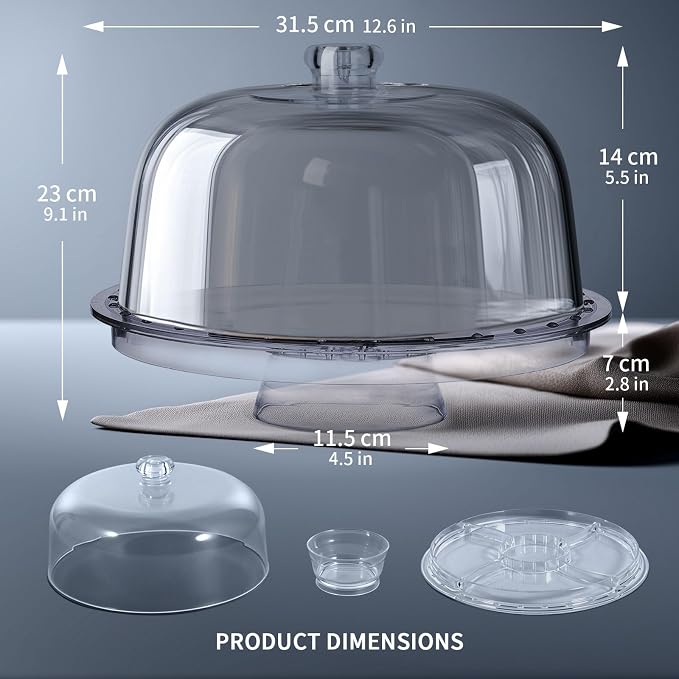 6-in-1 Multi-Functional Cake Stand with Dome Cover, BPA-Free Acrylic Serving Platter, Salad Bowl Divided Snack Tray, Shatterproof Dessert Display with Fork Spoon for Birthday Wedding Christmas Party