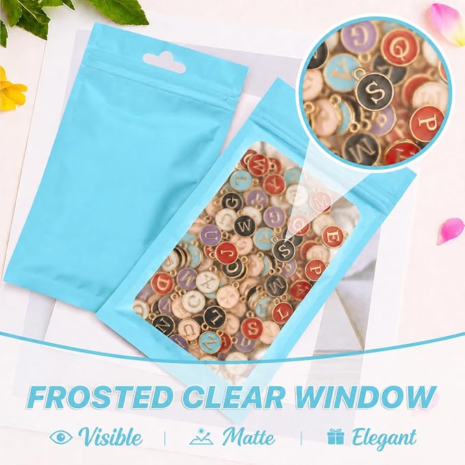 ANZNKU 100 Pack Lake Blue Resealable Mylar Bags with Frosted Clear Window 5.12x8.27", Smell Proof Sealable Packaging Bags Foil Pouch Bag for Food Jewelry Candy Treat Party Favor Storage Supplies