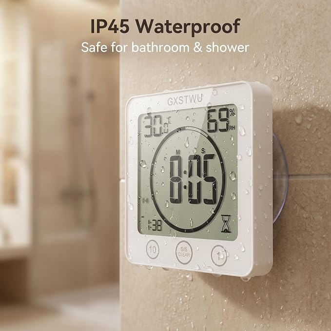 2Pcs Digital Shower Clock, Bathroom Timer Clock, Waterproof for Water Spray, Count Up Count Down Alarm, Touch Screen Timer, Temperature Humidity, Wall Clock Magnet, Suction Cup, Stand (2packs)