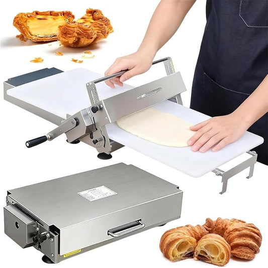 Manual Folding Dough Roller Machine, Tabletop Dough Sheeter Stainless Steel, 0-27mm Thickness Range, with Press Panel, for Baking Puff Pastry, Croissants and Pizza