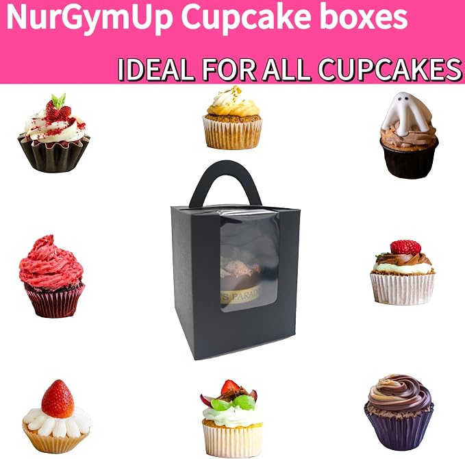 Individual Cupcake Boxes Bulk, 50 Pack Premium Single Cupcake Boxes with Clear Display Window, Food Grade Black Cupcake Carrier Cupcake Container, Perfect for Cupcakes Muffins Cookies