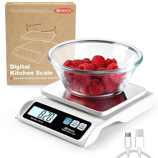 BOMATA 0.1g/ 13lb Food Scale, USB Rechargeable, Digital Kitchen Scale with Removable Stainless Steel Pan, Backlit LCD Display, for Cooking, Baking B621 White