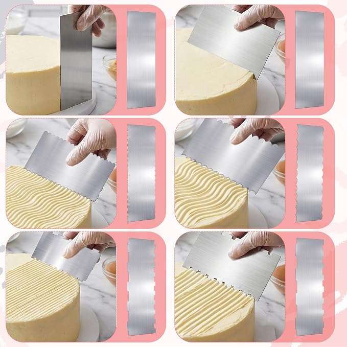 6 Pcs Stainless Steel Cake Scraper, 10 Inch & 9 Inch Large Double Sided Patterned Edge Stripe Edge Smoother Scraper Cake Decorating Comb Metal Pastry Cutter for Butter Mousse Cream Decoration